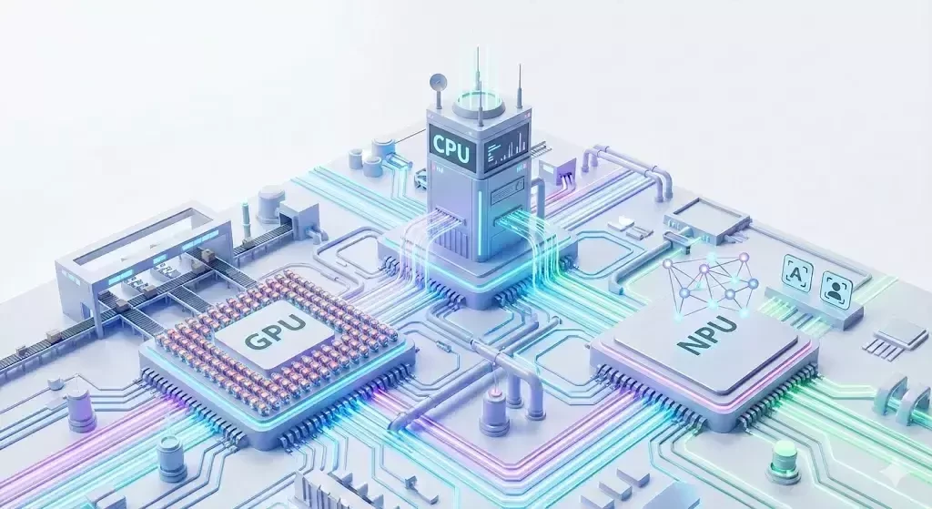 Схема архітектури AI PC: взаємодія CPU, GPU та NPU як елементів цифрової фабрики