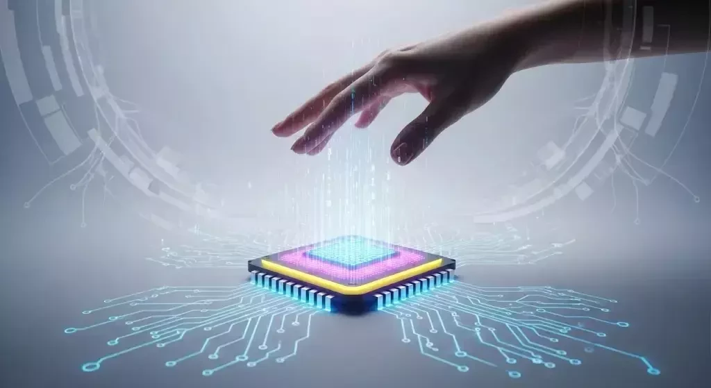 Hand reaching for a futuristic microchip